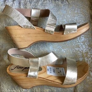 Metallic Leather and Wood Free People Wedges